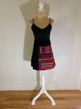 Velvet Feel Skirt Patchwork & Black Boho Hippie Print Skirt Coline Size Large